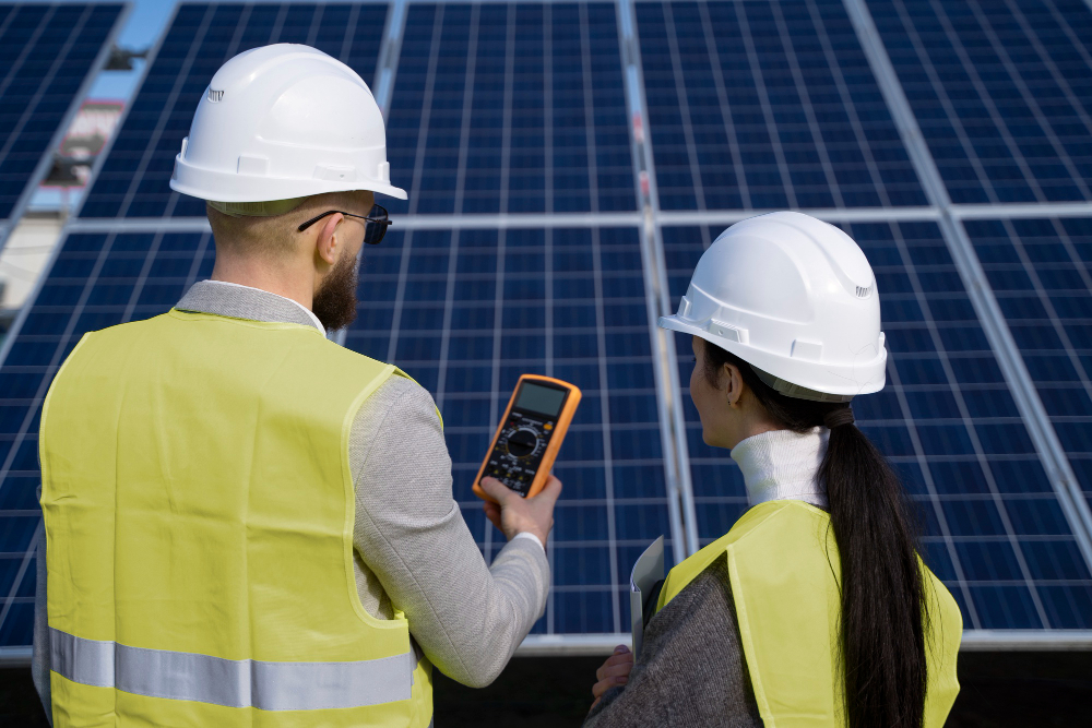 Cartoon image of solar/telecom engineers at work