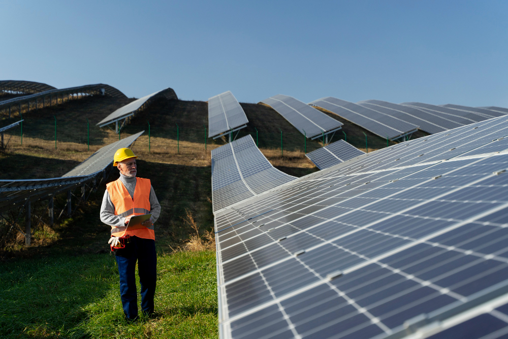Cartoon image of solar/telecom engineers at work